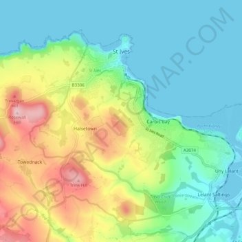 Topografische kaart St. Ives, hoogte, reliëf
