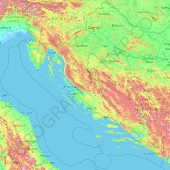 Topografische kaart Kroatië, hoogte, reliëf