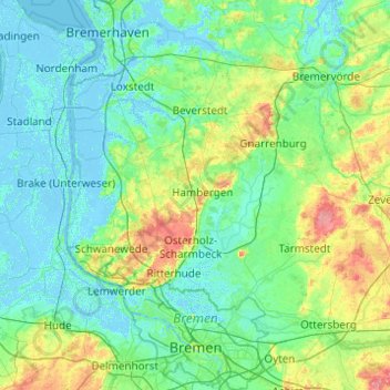 Topografische kaart Bremen, hoogte, reliëf