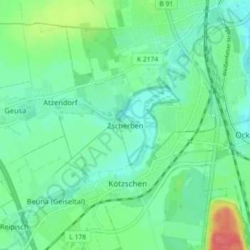 Topografische kaart Zscherben, hoogte, reliëf