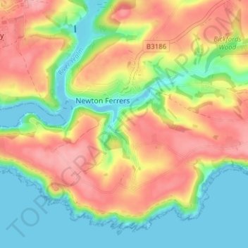 Topografische kaart Noss Mayo, hoogte, reliëf