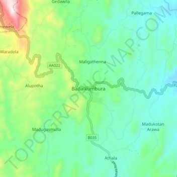 Topografische kaart Badalkumbura, hoogte, reliëf