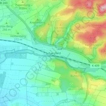 Topografische kaart Scharzfeld, hoogte, reliëf