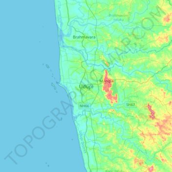 Topografische kaart Udupi, hoogte, reliëf