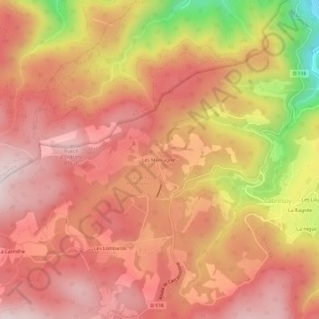 Topografische kaart Les Montagnès, hoogte, reliëf