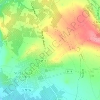 Topografische kaart Brunels, hoogte, reliëf