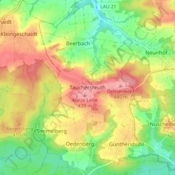 Topografische kaart Tauchersreuth, hoogte, reliëf