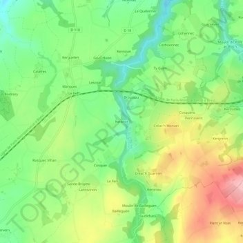 Topografische kaart Keranot, hoogte, reliëf