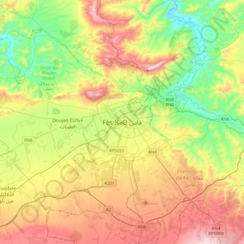 Topografische kaart Fez, hoogte, reliëf