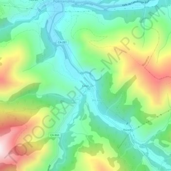 Topografische kaart Cosío, hoogte, reliëf