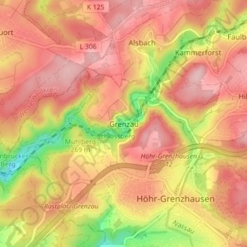 Topografische kaart Grenzau, hoogte, reliëf