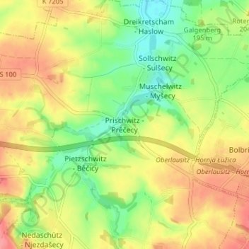 Topografische kaart Prischwitz, hoogte, reliëf