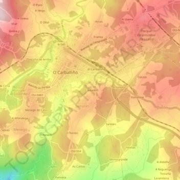 Topografische kaart O Tellado, hoogte, reliëf
