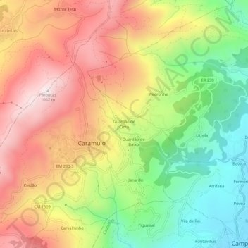 Topografische kaart Guardão de Cima, hoogte, reliëf