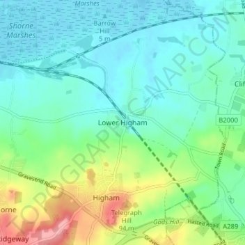 Topografische kaart Lower Higham, hoogte, reliëf
