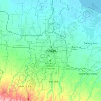 Topografische kaart Medan, hoogte, reliëf
