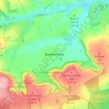 Topografische kaart Bowerchalke, hoogte, reliëf