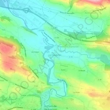 Topografische kaart Les Chaudannes, hoogte, reliëf