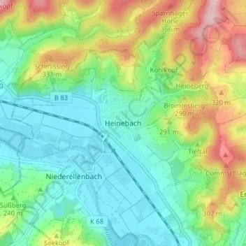 Topografische kaart Heinebach, hoogte, reliëf