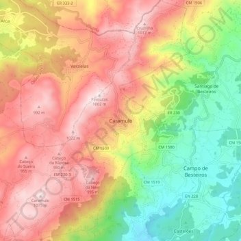 Topografische kaart Caramulo, hoogte, reliëf