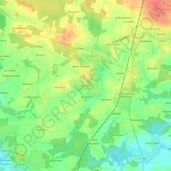 Topografische kaart Kerobel, hoogte, reliëf