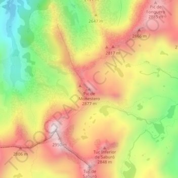 Topografische kaart Pic de Monestero, hoogte, reliëf