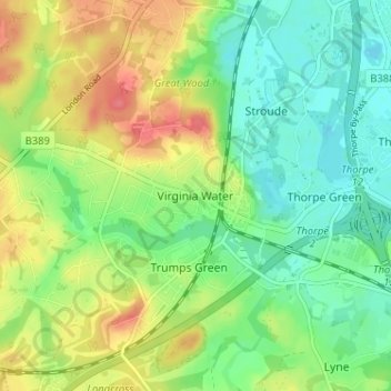 Topografische kaart Virginia Water, hoogte, reliëf