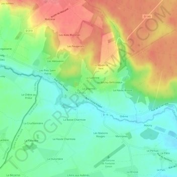 Topografische kaart Le Charme, hoogte, reliëf