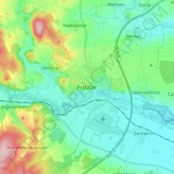 Topografische kaart Fritzlar, hoogte, reliëf