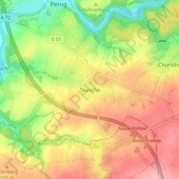Topografische kaart Tauscha, hoogte, reliëf