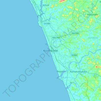 Topografische kaart Kozhikode, hoogte, reliëf