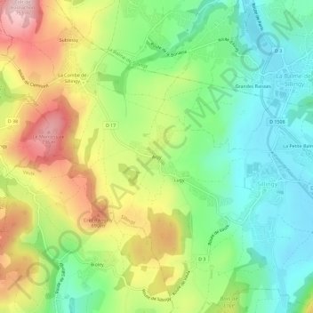 Topografische kaart Arzy, hoogte, reliëf