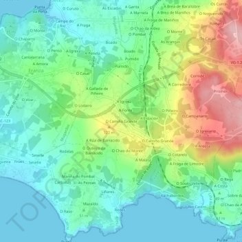 Topografische kaart O Camiño Grande, hoogte, reliëf