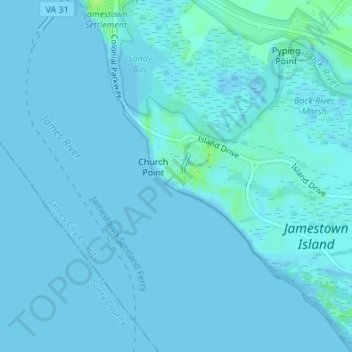 Topografische kaart Jamestown, hoogte, reliëf