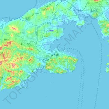 Topografische kaart Dalian, hoogte, reliëf