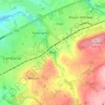 Topografische kaart Brea, hoogte, reliëf