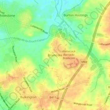 Topografische kaart Bramcote, hoogte, reliëf