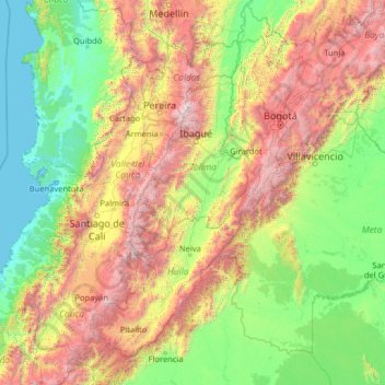 Topografische kaart Tolima, hoogte, reliëf