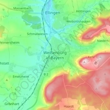 Topografische kaart Weißenburg in Bayern, hoogte, reliëf