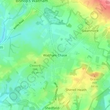 Topografische kaart Waltham Chase, hoogte, reliëf