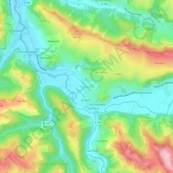 Topografische kaart Nauviale, hoogte, reliëf