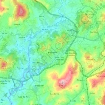 Topografische kaart Pevidém, hoogte, reliëf