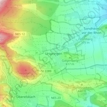 Topografische kaart Urspringen, hoogte, reliëf