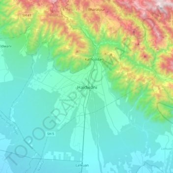 Topografische kaart Haldwani, hoogte, reliëf