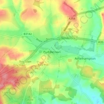 Topografische kaart Puddletown, hoogte, reliëf