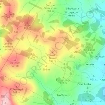 Topografische kaart Coto dos Teixos, hoogte, reliëf
