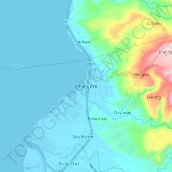 Topografische kaart Villanueva, hoogte, reliëf