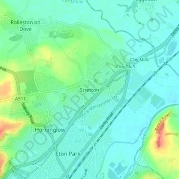 Topografische kaart Stretton, hoogte, reliëf