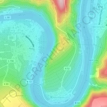 Topografische kaart Moselloreley, hoogte, reliëf