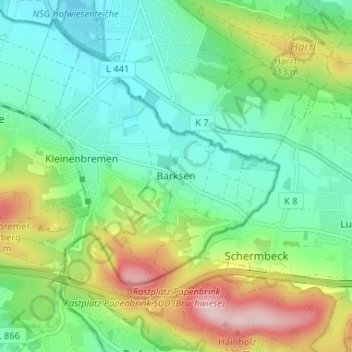 Topografische kaart Barksen, hoogte, reliëf